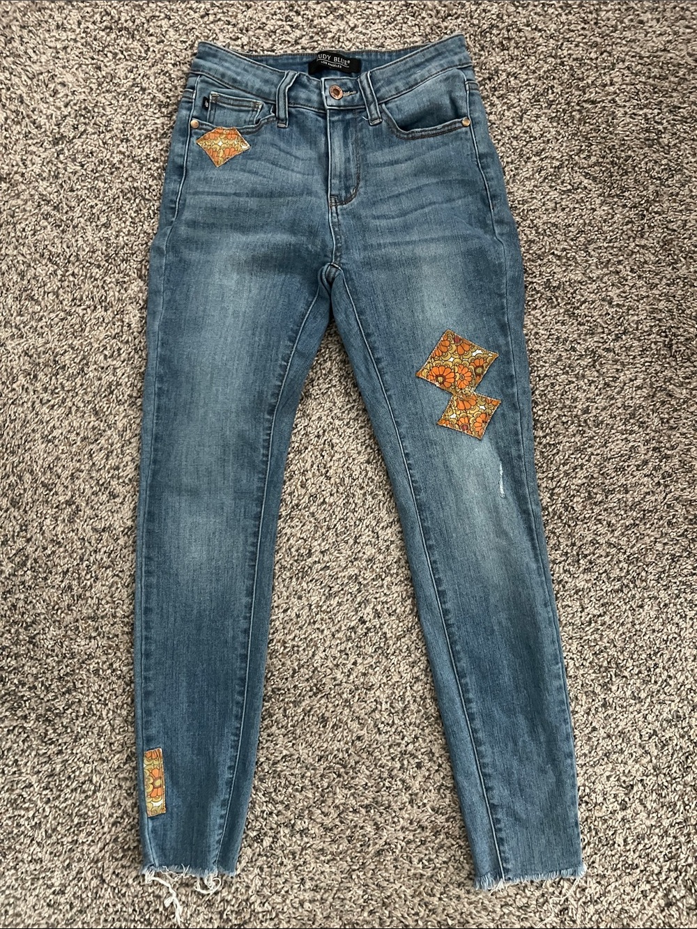 Judy Blue Distressed Skinny Jeans with Orange Floral Patches Size 25